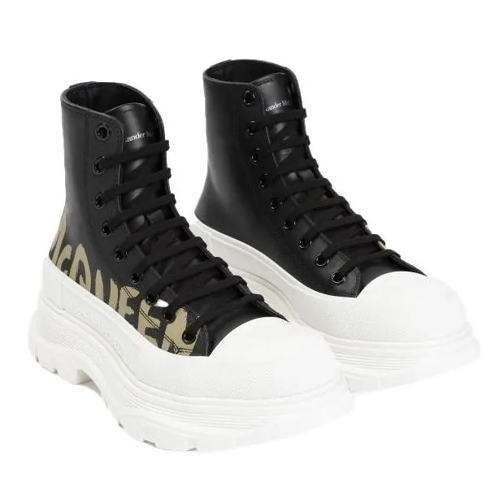 Alexander McQueen Black White Leather Boots Black Bottes à lacets