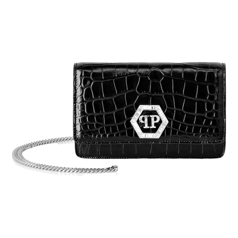 Philipp Plein Schultertasche Klappentasche Hexagon Crocco Geprägt schwarz