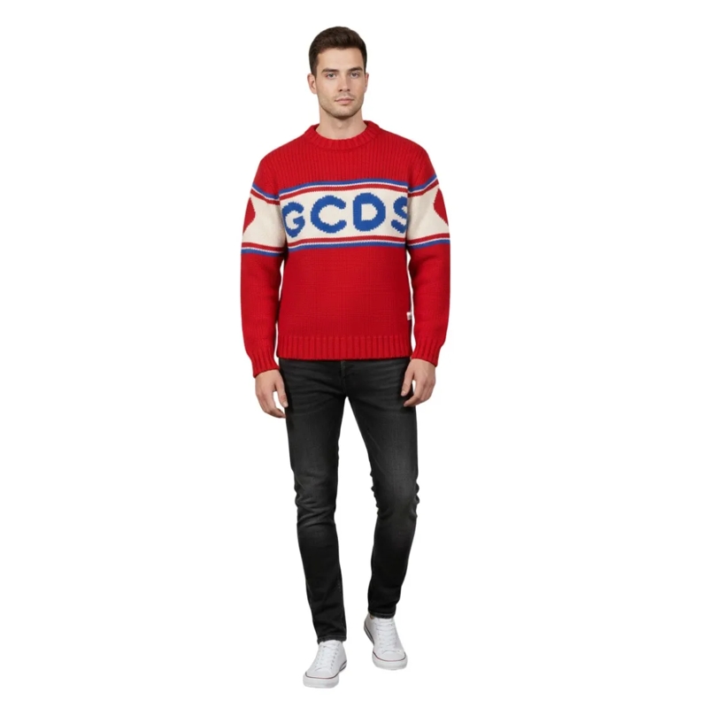 Gcds Trui Sporty Knit Sweater With Oversized Logo Design Red