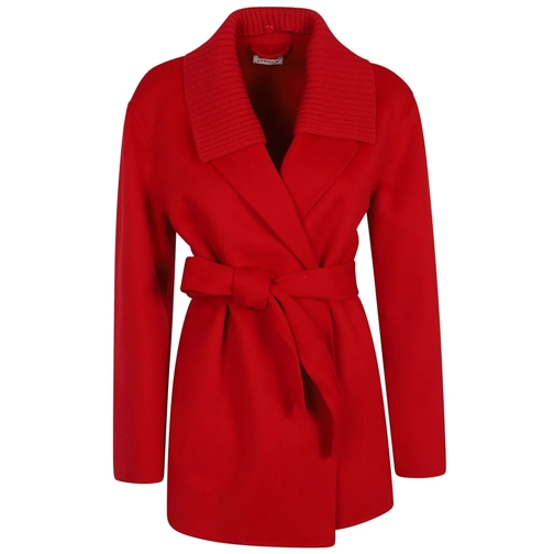 P.A.R.O.S.H.  Elegant Pure Wool Coat With Belt And Ribbed Knit D Red