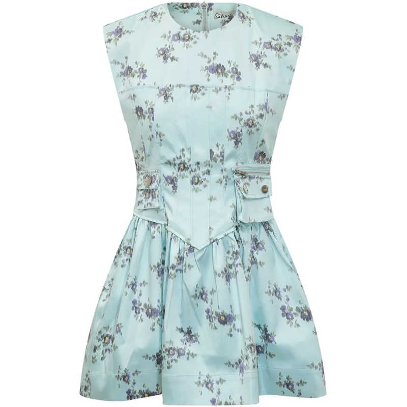 GANNI Minikleid Abito Mini con Corsetto e Stampa Floreale hellblau