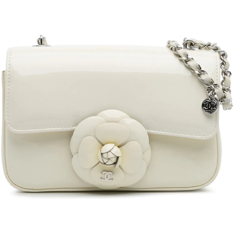 Chanel Sac à bandoulière Small Patent Camellia Single Flap weiß