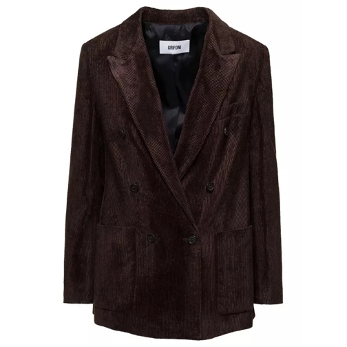 Grifoni Loose Brown Double-Breasted Jacket With Patch Pock Brown 