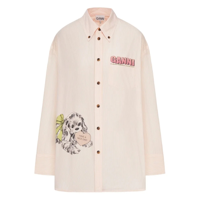 GANNI Chemise Light Pink Striped Shirt With Playful Graphic Neutrals