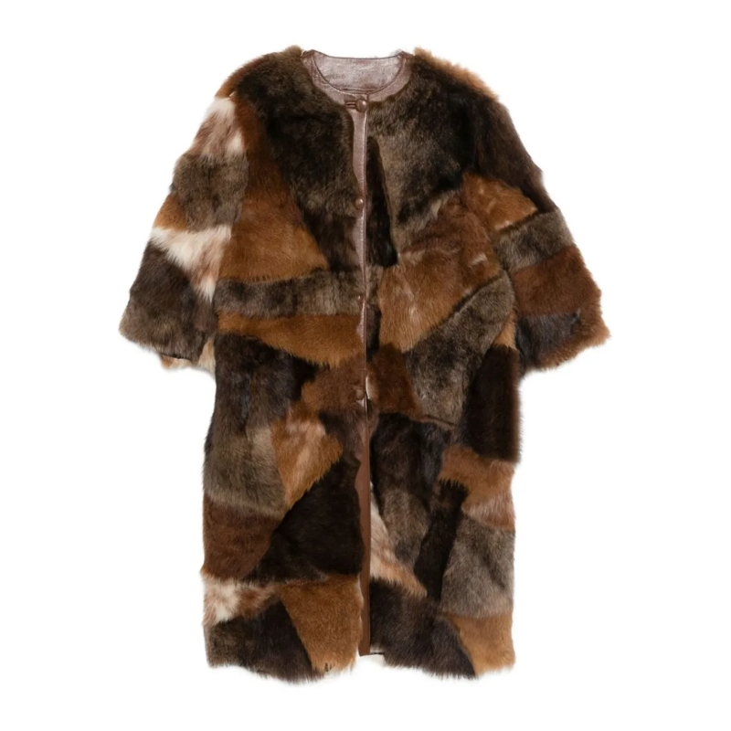 Prada  Mid-Length Patchwork Coat With Fur-Like Texture Brown