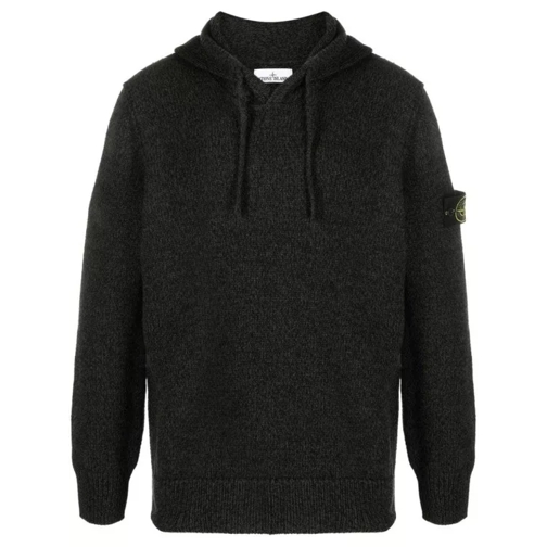 Stone Island Compass-Patch Ribbed-Knit Mélange Knitwear Hoodie Black 