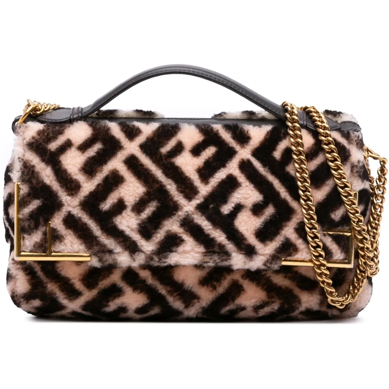Fendi Schultertasche Zucca Shearling Double F Baguette Satchel braun