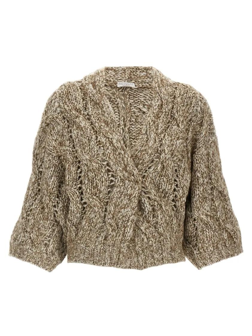 Thumbnail - Brunello Cucinelli - Cropped Openwork Wool Blend Cardigan - Größe M - braun