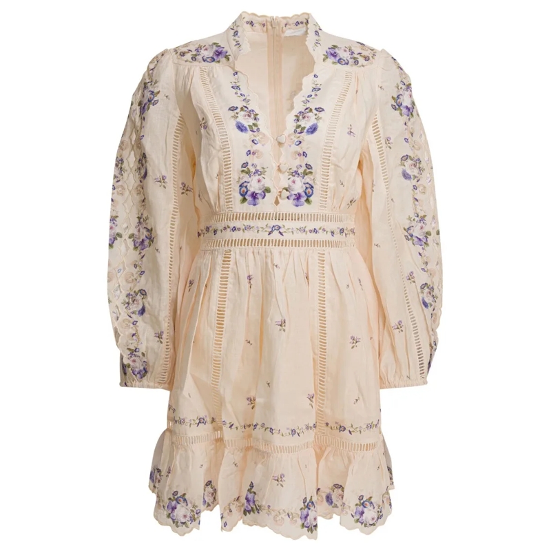 Zimmermann Minikleid Flared Silk-Lightweight Dress With Floral Embroide Neutrals