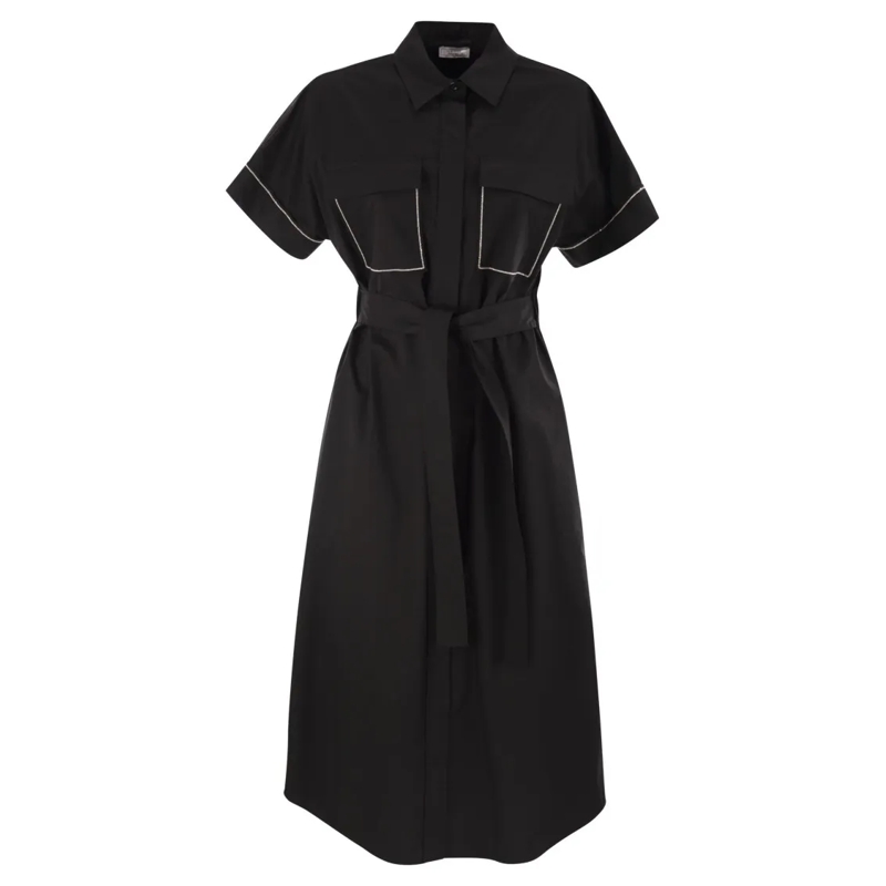 Peserico Midi-jurk Light Stretch Cotton Satin Chemisier Dress Black