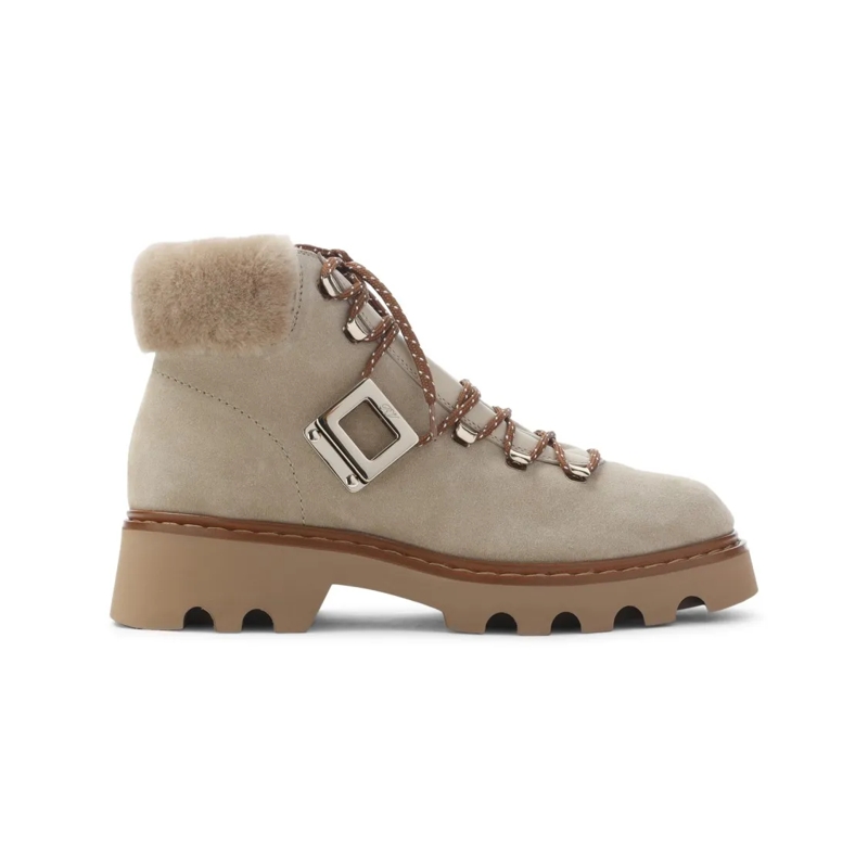 Roger Vivier Bottes Suede Ankle Boots With Fur Collar Brown