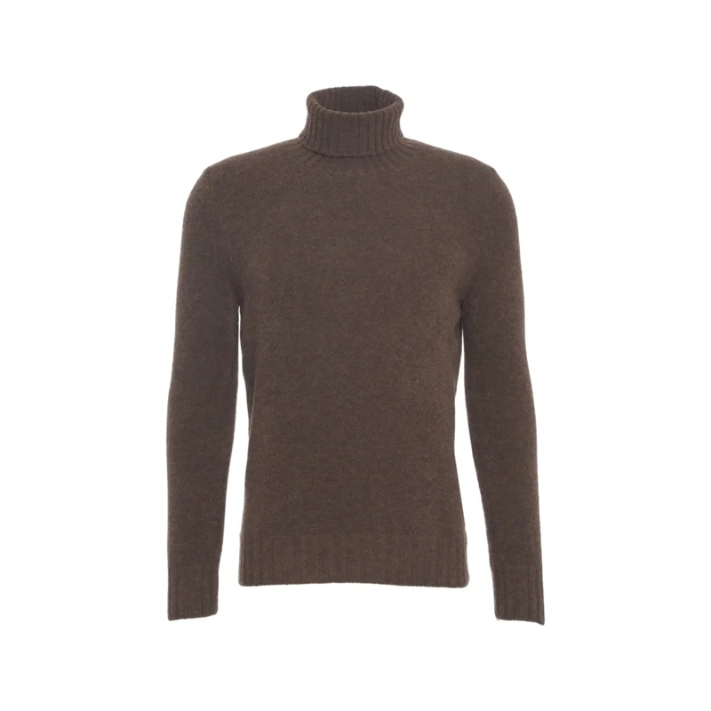 Gender Pull Fitted Brown Wool Turtleneck Sweater With Ribbed D Grey