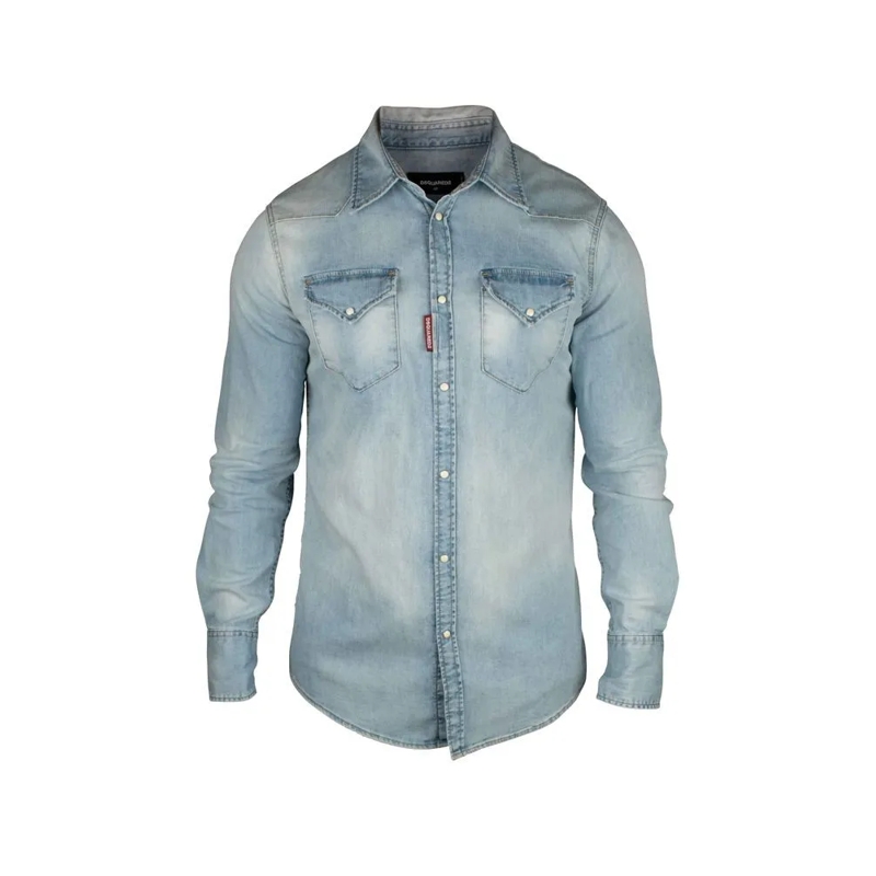 Dsquared2 Overhemd Light Blue Cotton Denim Western Shirt Grey