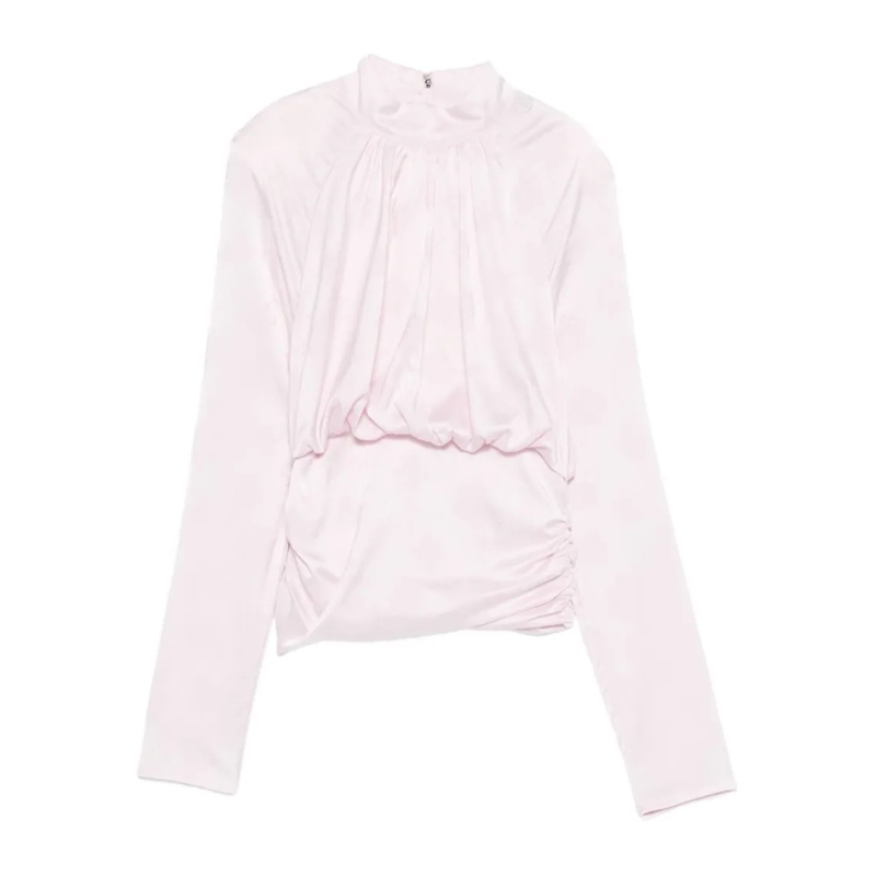 Rotate Blouse Floral Jacquard Long-Sleeve Top With Fitted Ruched Pink