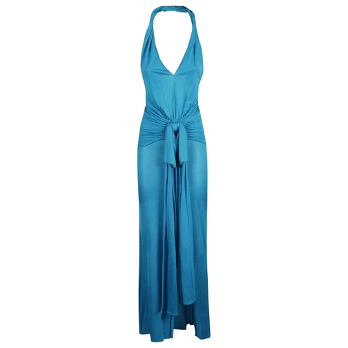 Blumarine Aqua Blue Fine Knit Halterneck Dress Blue 