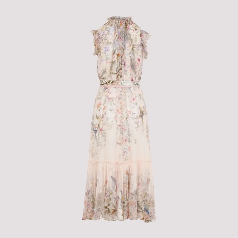 Zimmermann Midi-jurk Floral Print Midi Dress With Ruffled Neckline Neutrals
