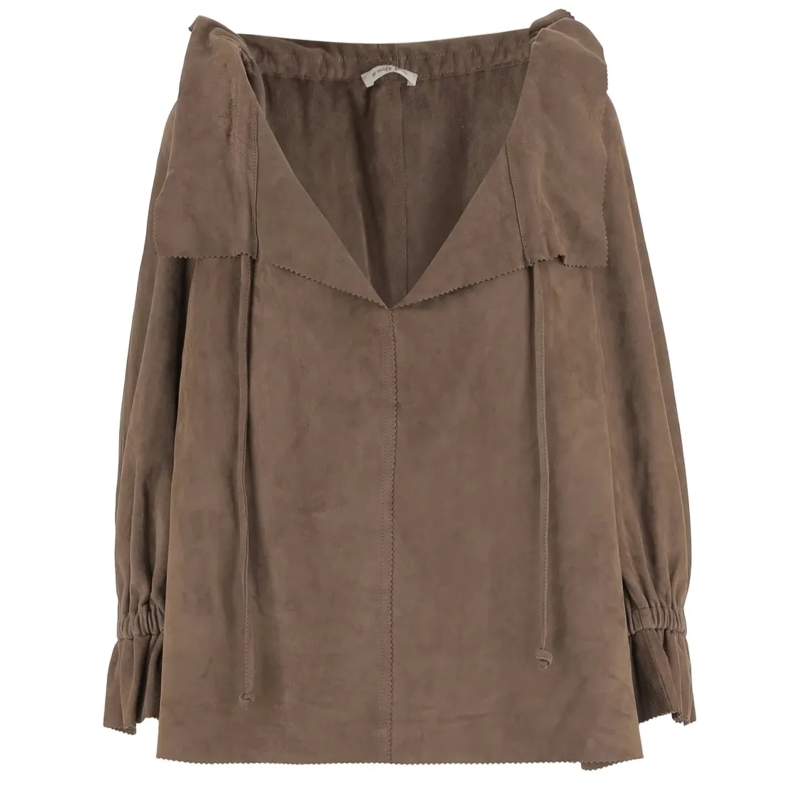 By Malene Birger Blouse Ruffled V-Neck Suede Blouse With Drawstring Closur Brown