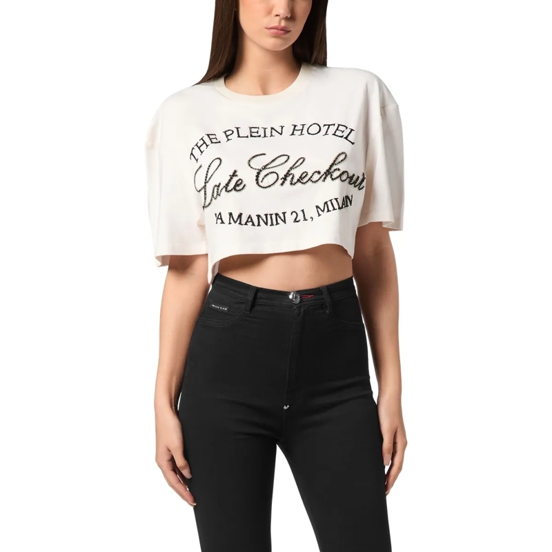 Philipp Plein Top T-Shirt Rundhalsausschnitt Ls Crystal Verziert weiss(Image 3)