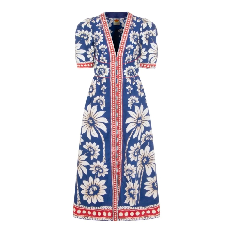 Farm Rio Robe midi Flowing Pink Dress With Vibrant Floral And Abstrac Blue