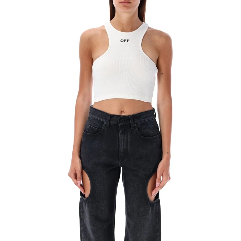 Off-White Bluse Fitted Racerback Cropped Top With Embroidered Logo White