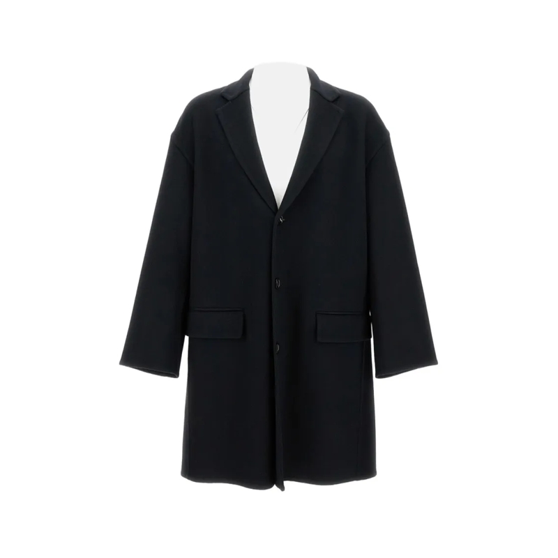 Bottega Veneta  Oversized Black Wool Coat With Classic Lapel Blue