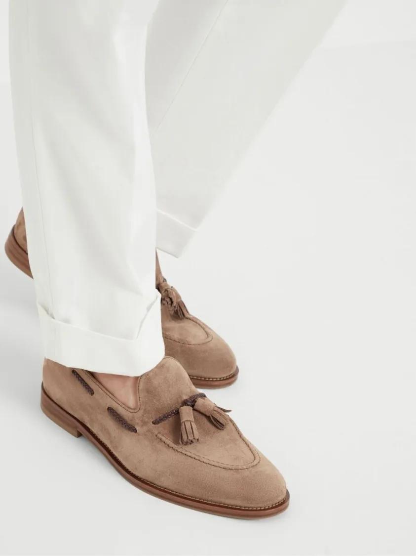 Thumbnail - Brunello Cucinelli Loafer - Braided Leather Detail Suede Loafers - Gr. 44 (EU) - in Beige - für Damen