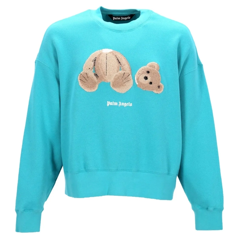 Palm Angels  Bear Embroidered Sweatshirt With Print And Ribbed  Blue
