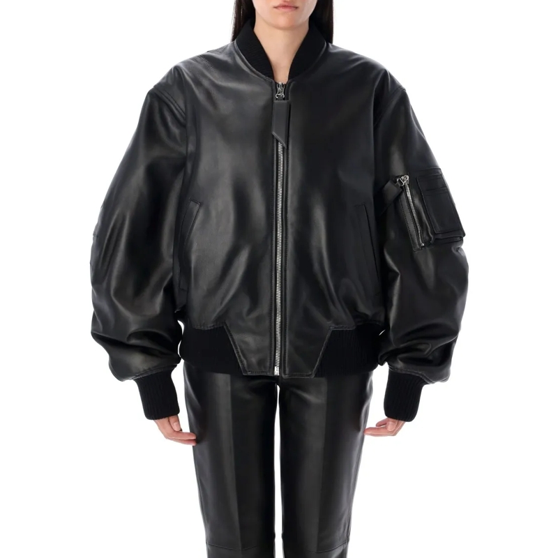 The Attico Bomberjacke Anja Leather Bomber Jacket Black