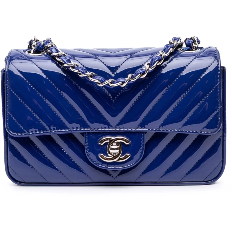 Chanel Schultertasche Mini Rectangular Classic Chevron Patent Single Fla blau