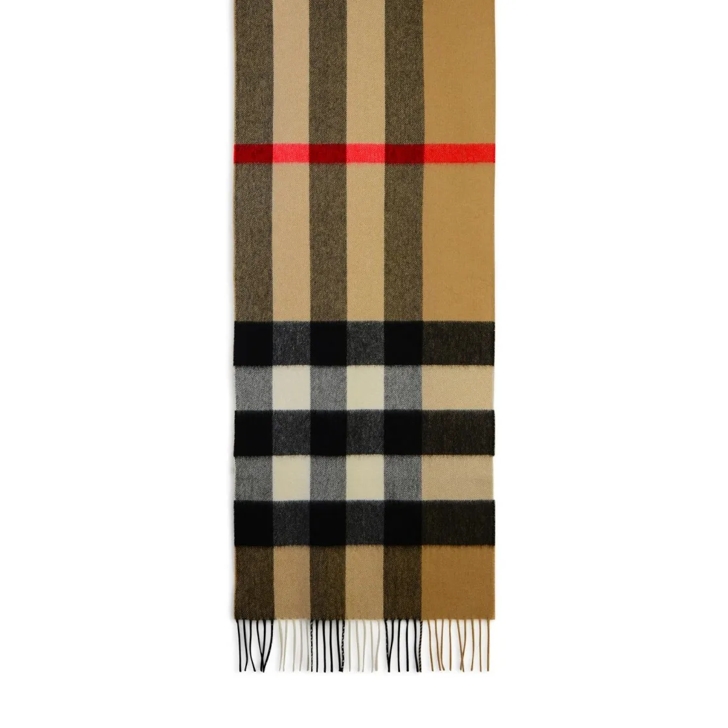 Mega Check Beige Cashmere Scarf With Fringed Trims Brown