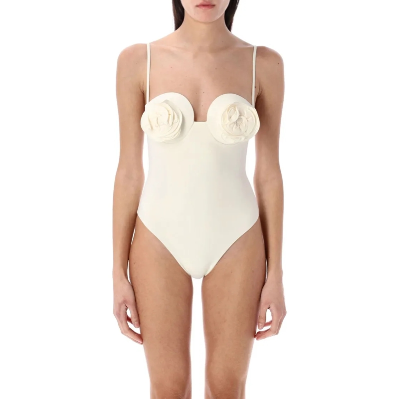 Magda Butrym  3D Flower Retro Bustier Swimsuit Neutrals