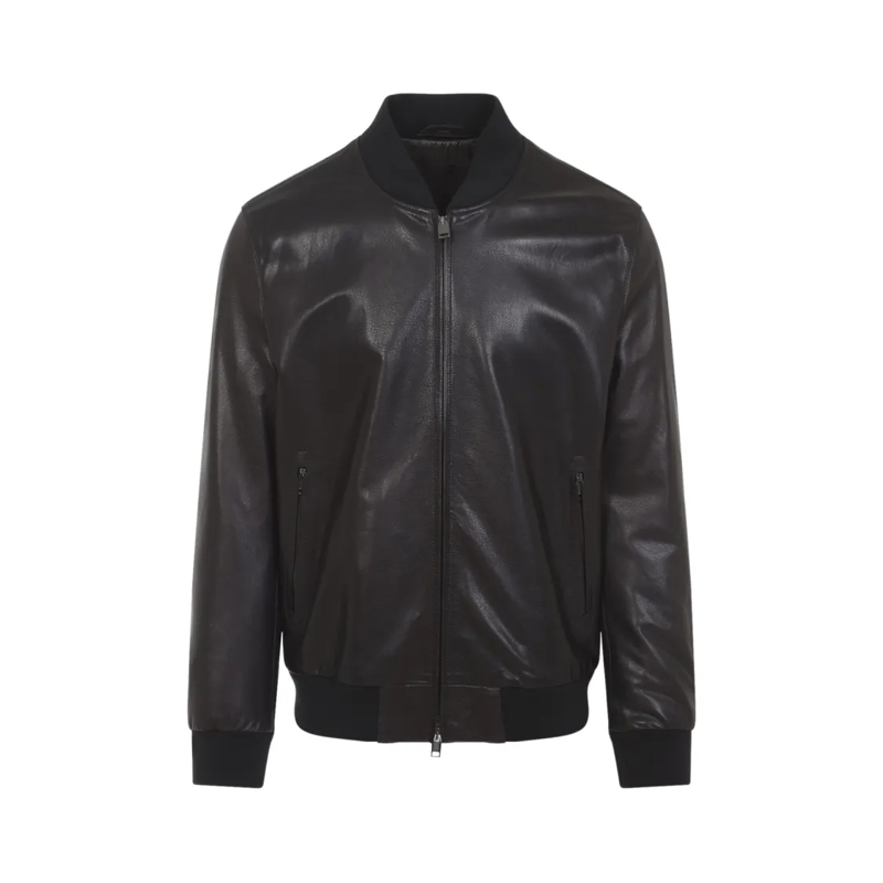 Brioni Leren jas Smooth Leather Jacket With Zippered Pockets Brown