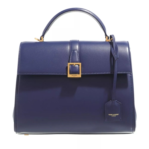 Saint Laurent Le Fermoir Small Top Handle Bag Shiny Leather Blue Axelremsväska