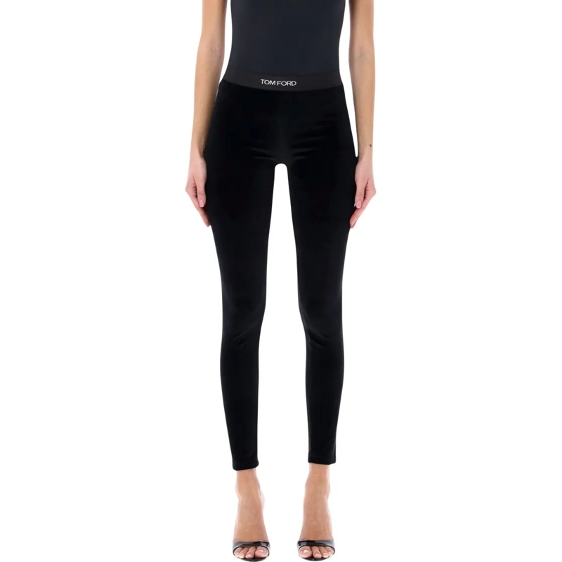 Tom Ford Leggings Black Stretch Velour Logo Leggings Black