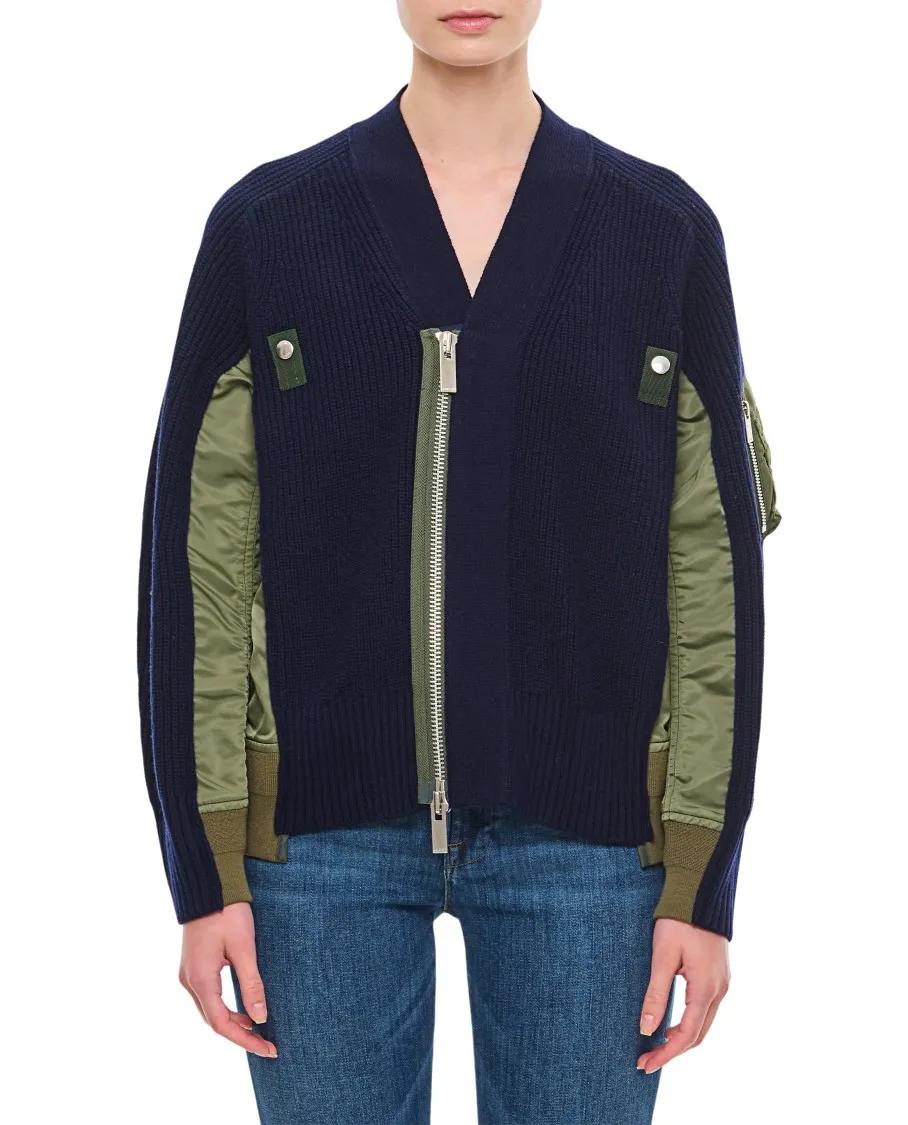 Sacai - Wool Knit X Nylon Twill Cardigan - Größe 2 - blau