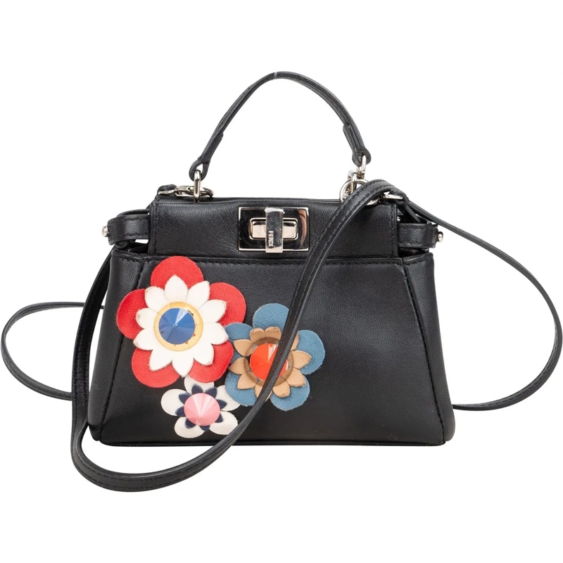 Fendi Schultertasche Fendi Black Leather Floral Mini Peekaboo Handbag mehrfarbig