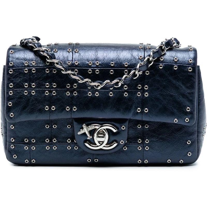 Chanel Sac à bandoulière Mini Rectangular Classic Glazed Calfskin Studded A blau