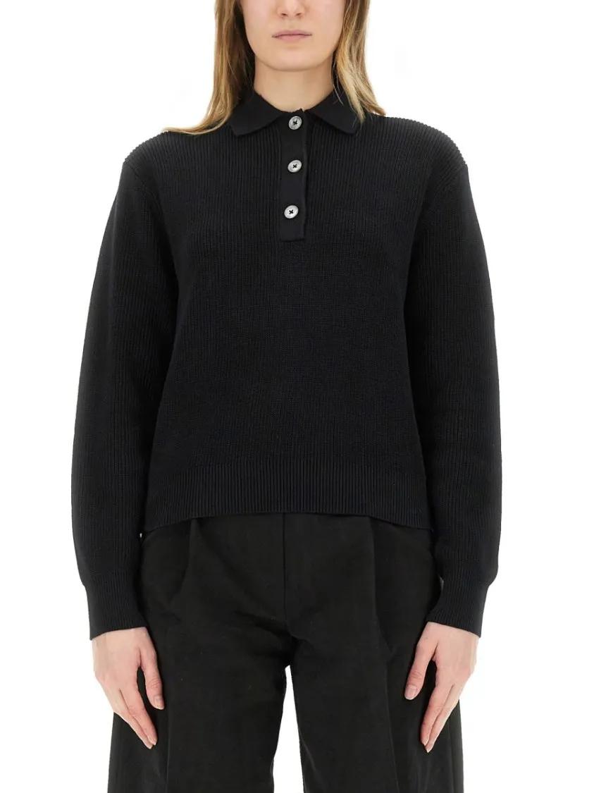 Thumbnail - Studio Nicholson - "Chesapeake" Knit Polo Shirt - Größe 8 - schwarz