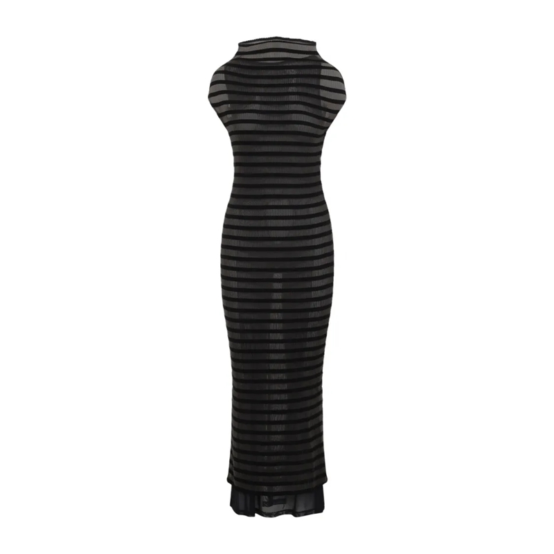 Jean Paul Gaultier Midi-jurk Black High-Neck Striped Dress With Semi-Sheer Fabr Black