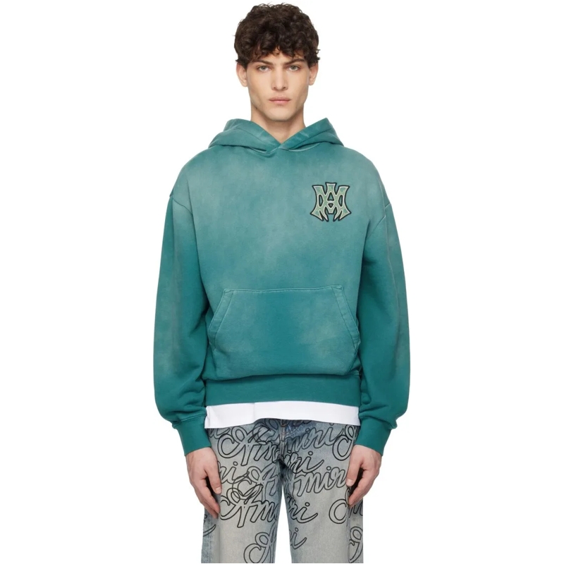 Amiri  Faded Teal Oversized Hoodie With Graphic Patches Blue