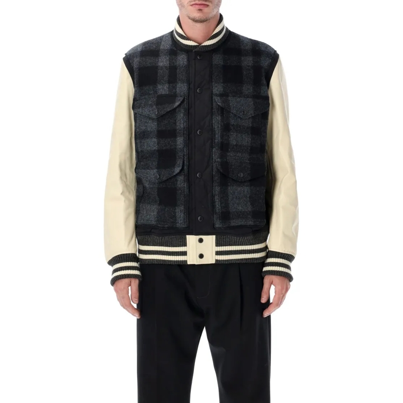 Junya Watanabe Leren jas Wool And Leather Varsity Jacket Black