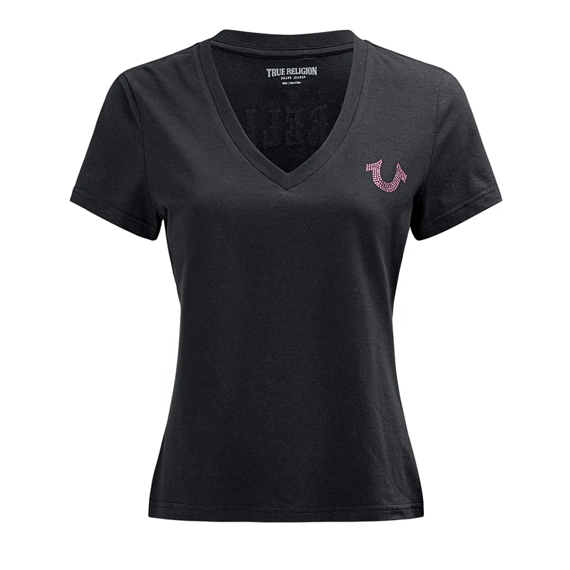 True Religion T-Shirt - T-Shirt- V-Ausschnitt- Markenlogo auf Front-  schwarz
