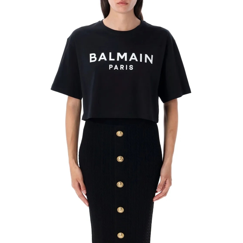 Balmain T-Shirt Printed Logo Cropped T-Shirt Black