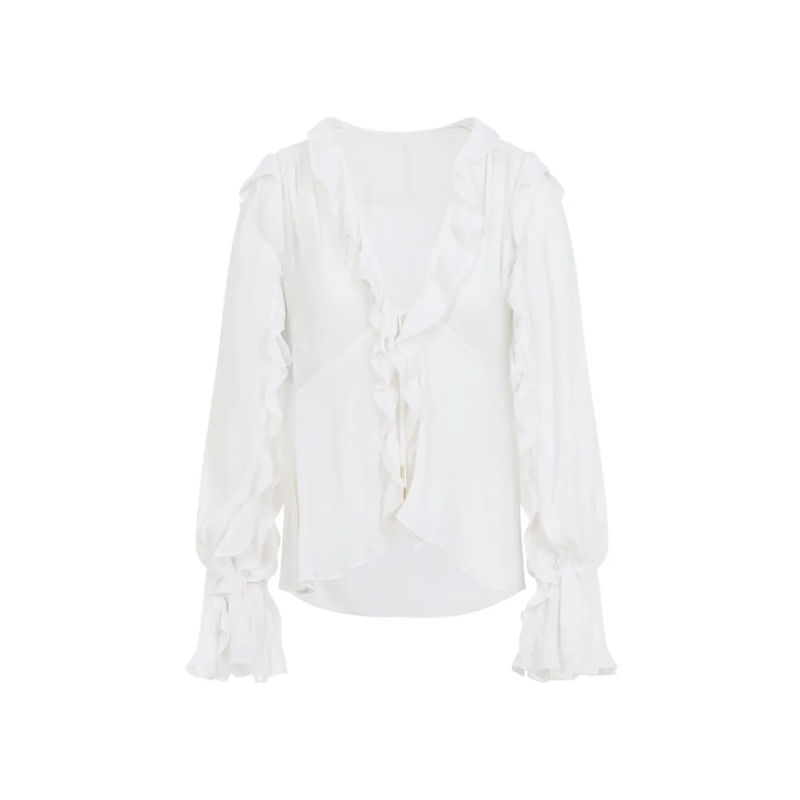 Alberta Ferretti Chemisier Deep V-Neck Blouse With Ruffled Trim And Flared Cu White