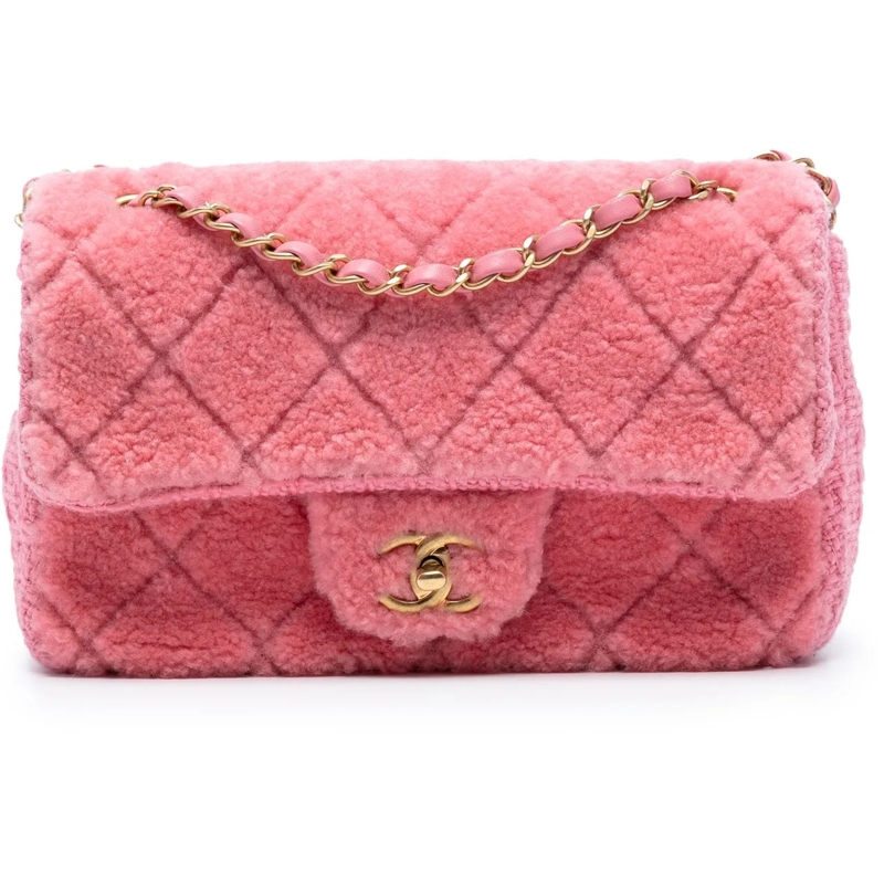 Chanel Sac à bandoulière CC Quilted Shearling and Tweed Single Flap rose