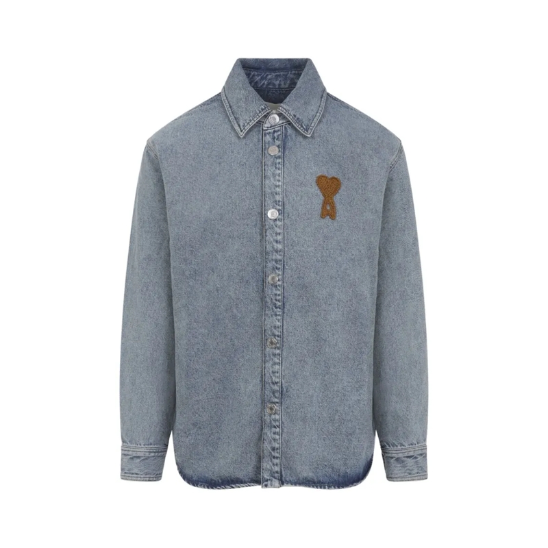 AMI Paris Hemd Denim Shirt With Classic Collar And Embroidered He Grey(Image 2)