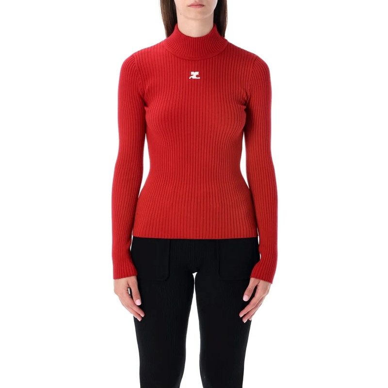 Courrèges Trui met col Rib Knit Mock Neck Sweater Red