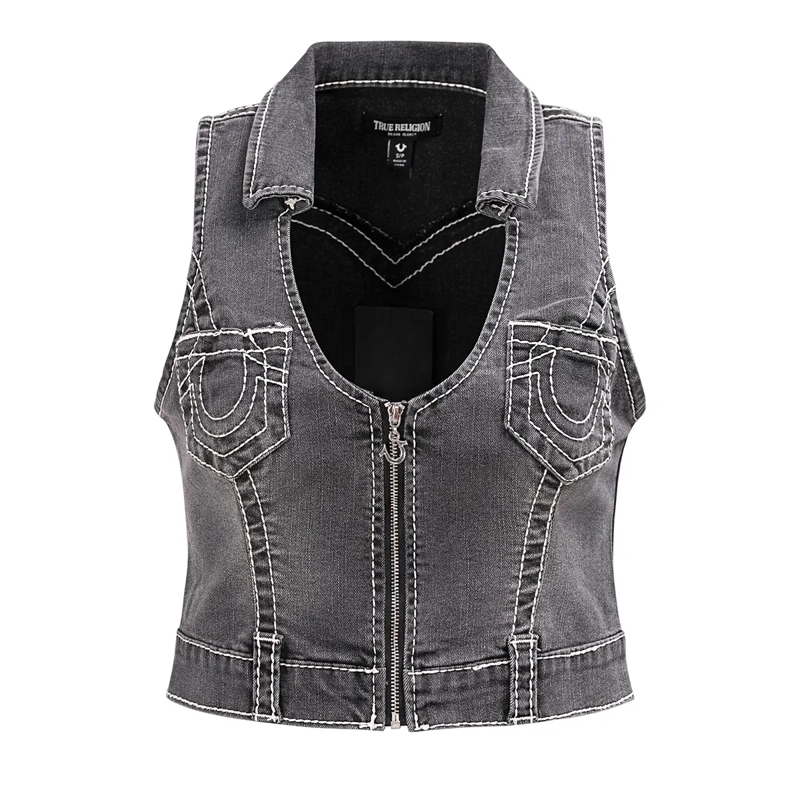 True Religion Top - Denim-Top- Tiefer Rundhalsausschnitt- Struktur schwarz