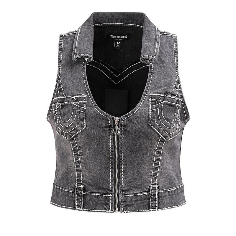 True Religion Top - Denim-Top- Tiefer Rundhalsausschnitt- Struktur schwarz