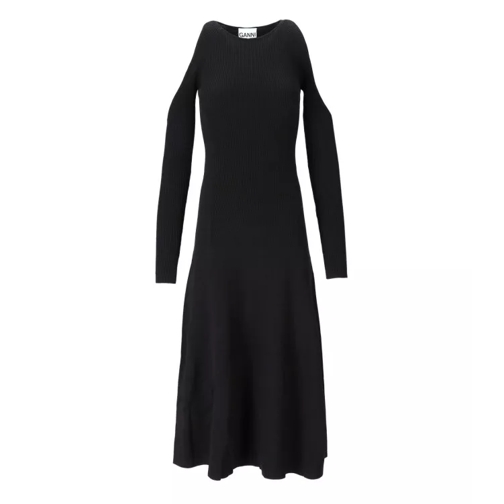 GANNI Black Cut-Out Ribbed Midi Dress Black 